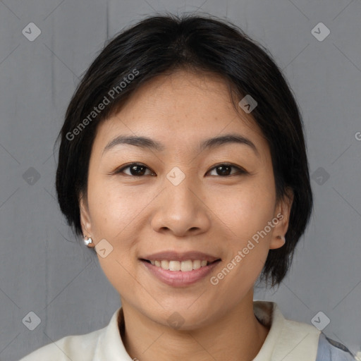 Joyful white young-adult female with medium  brown hair and brown eyes