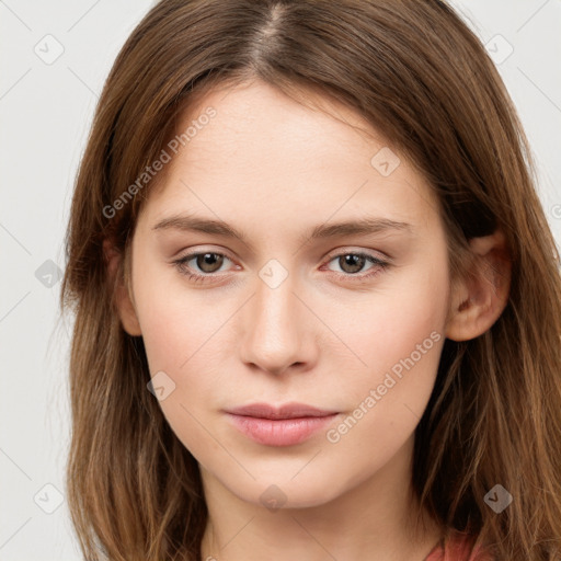 Neutral white young-adult female with long  brown hair and grey eyes