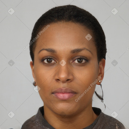 Neutral black young-adult female with short  black hair and brown eyes