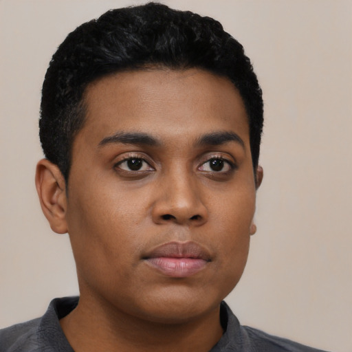 Neutral black young-adult male with short  black hair and brown eyes
