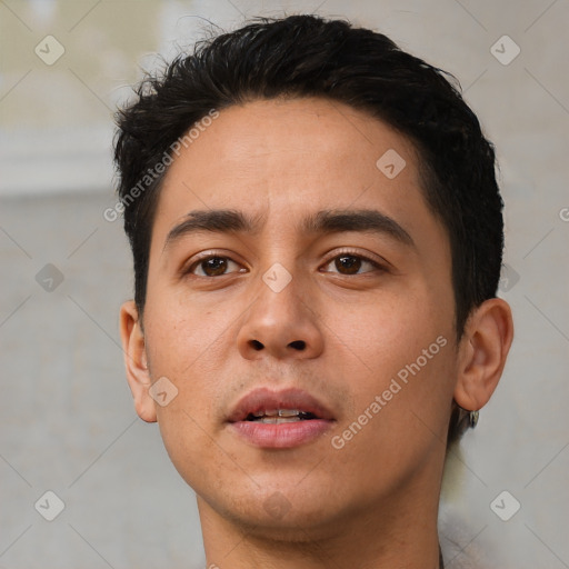 Neutral white young-adult male with short  black hair and brown eyes