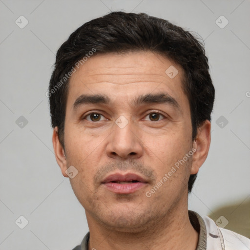 Neutral white adult male with short  black hair and brown eyes