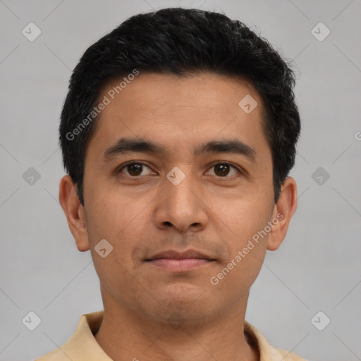 Neutral asian young-adult male with short  black hair and brown eyes