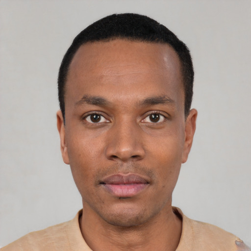 Neutral black young-adult male with short  black hair and brown eyes