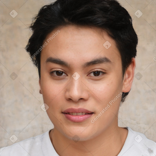 Joyful asian young-adult male with short  brown hair and brown eyes