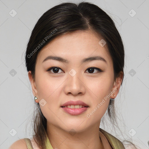 Joyful asian young-adult female with medium  brown hair and brown eyes