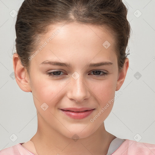 Joyful white child female with short  brown hair and brown eyes