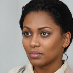 Neutral black young-adult female with short  black hair and brown eyes