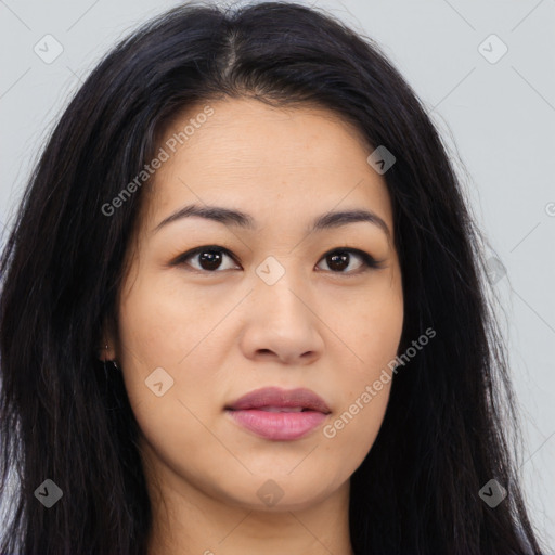 Neutral latino young-adult female with long  brown hair and brown eyes