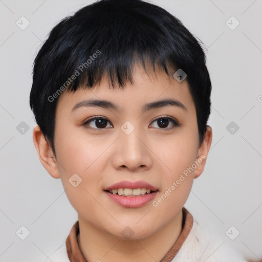 Joyful asian young-adult female with short  black hair and brown eyes