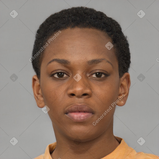 Neutral black young-adult female with short  brown hair and brown eyes