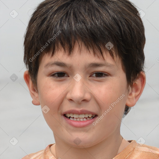 Joyful white child male with short  brown hair and brown eyes