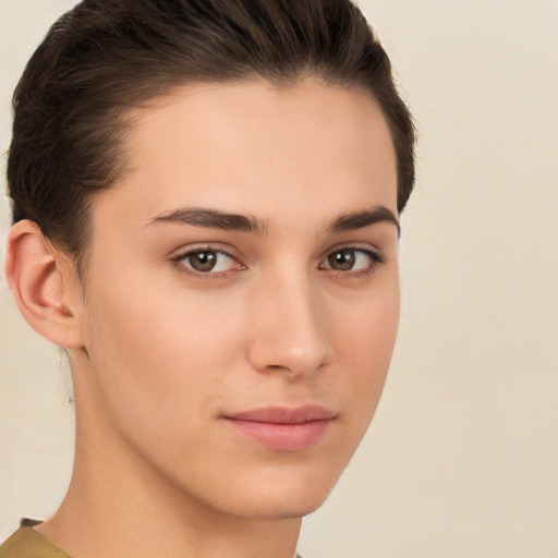 Neutral white young-adult female with short  brown hair and brown eyes