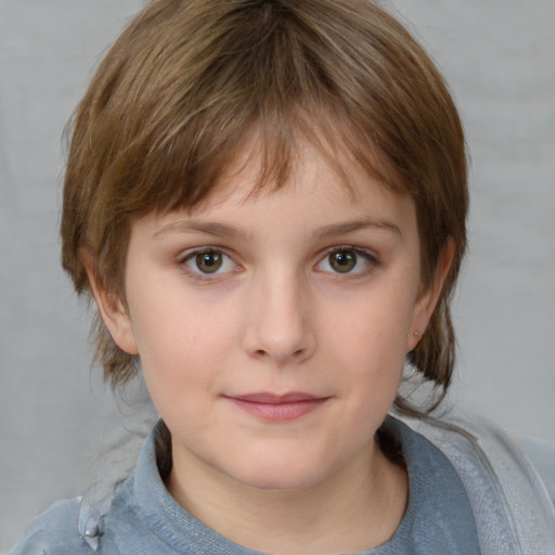 Neutral white child female with medium  brown hair and grey eyes