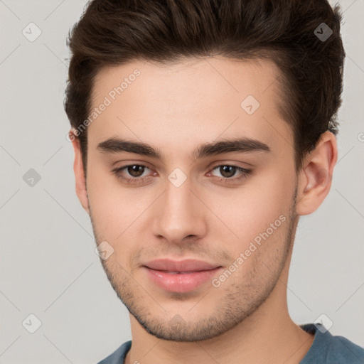 Neutral white young-adult male with short  brown hair and brown eyes