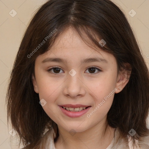 Joyful white child female with medium  brown hair and brown eyes