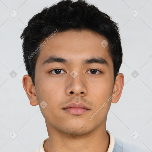 Neutral asian young-adult male with short  black hair and brown eyes