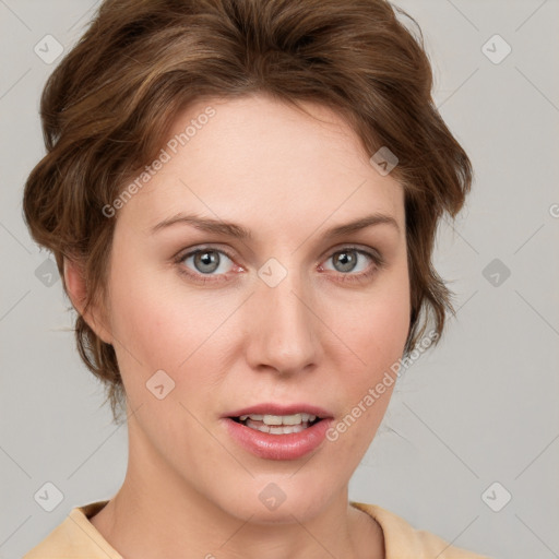 Joyful white young-adult female with medium  brown hair and blue eyes