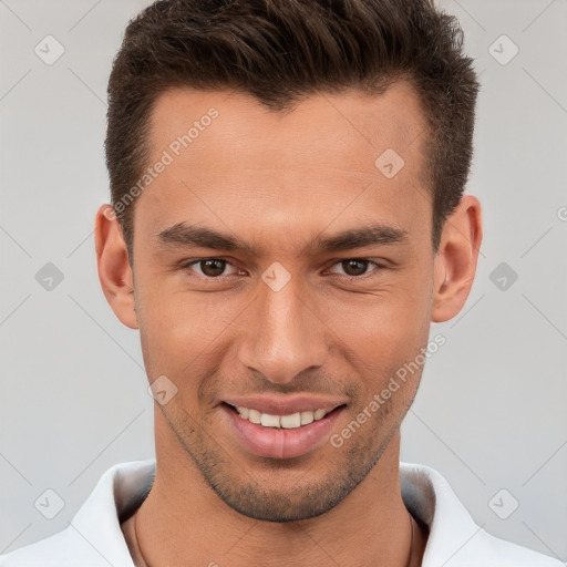 Joyful white young-adult male with short  brown hair and brown eyes