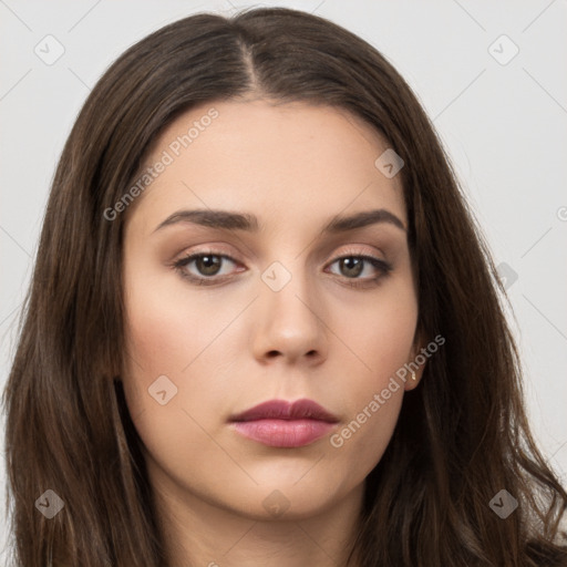 Neutral white young-adult female with long  brown hair and brown eyes