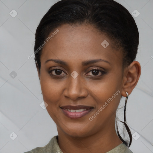 Joyful latino young-adult female with medium  brown hair and brown eyes
