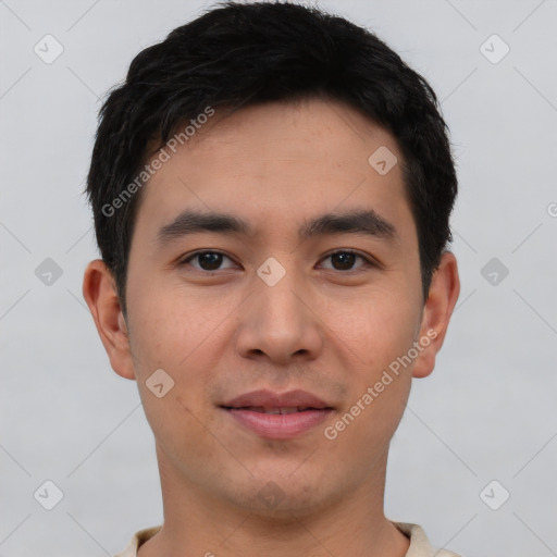 Neutral asian young-adult male with short  black hair and brown eyes