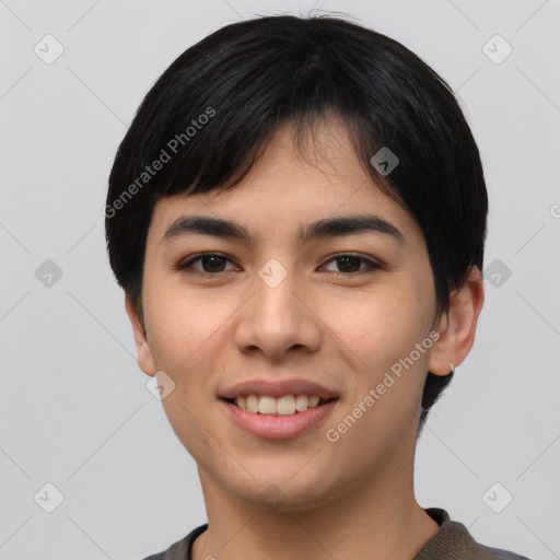 Joyful asian young-adult female with short  black hair and brown eyes