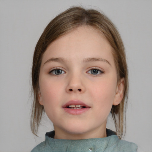 Neutral white child female with medium  brown hair and blue eyes