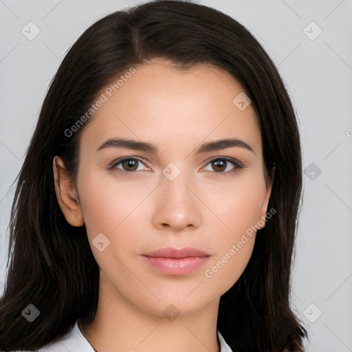 Neutral white young-adult female with long  brown hair and brown eyes