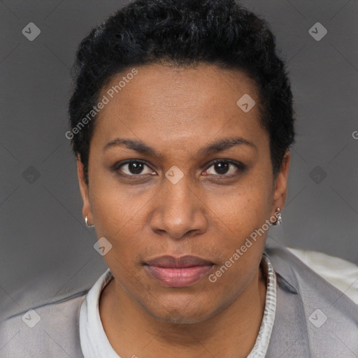 Neutral black adult female with short  black hair and brown eyes