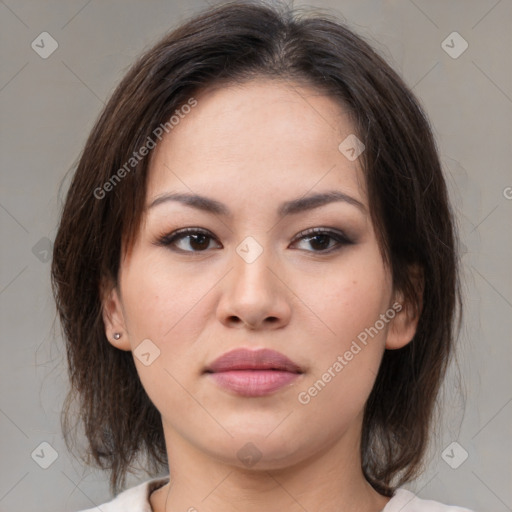 Neutral white young-adult female with medium  brown hair and brown eyes