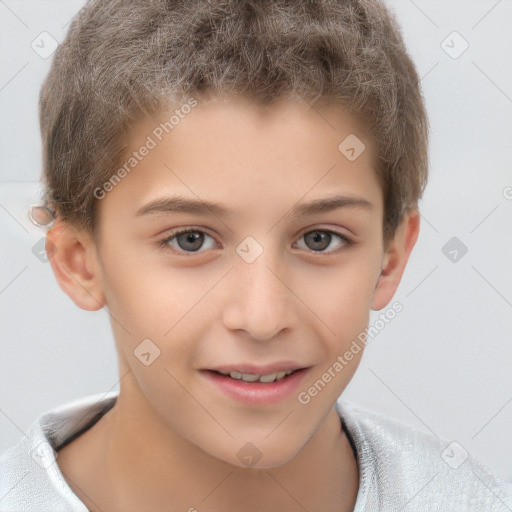 Joyful white child male with short  brown hair and brown eyes