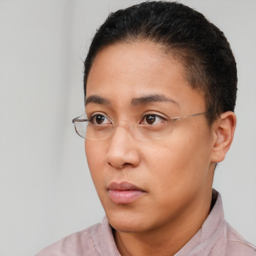 Neutral white young-adult female with short  black hair and brown eyes