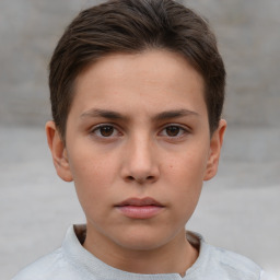 Neutral white young-adult female with short  brown hair and brown eyes