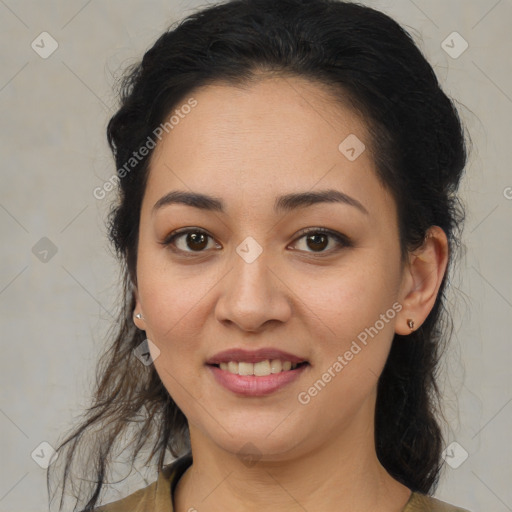 Joyful latino young-adult female with medium  brown hair and brown eyes