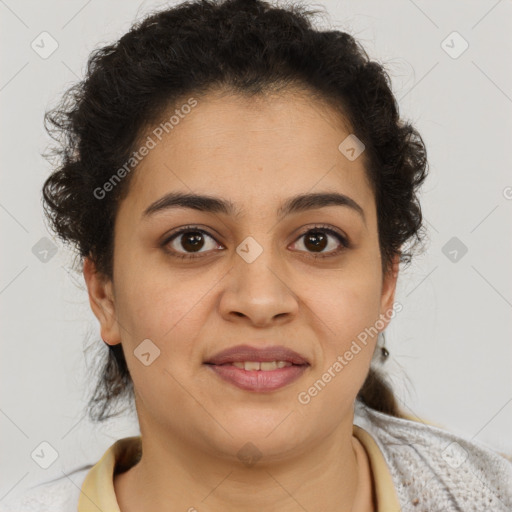 Joyful latino young-adult female with short  brown hair and brown eyes