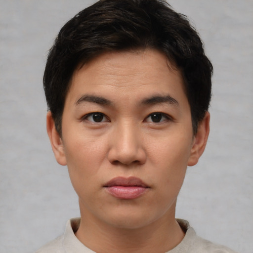 Neutral asian young-adult female with short  brown hair and brown eyes