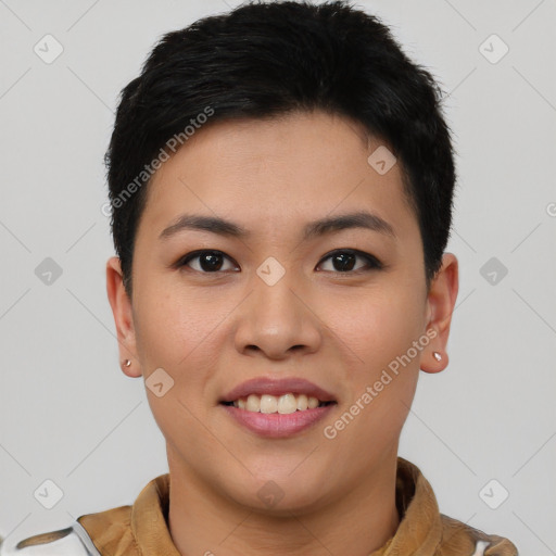 Joyful asian young-adult female with short  brown hair and brown eyes