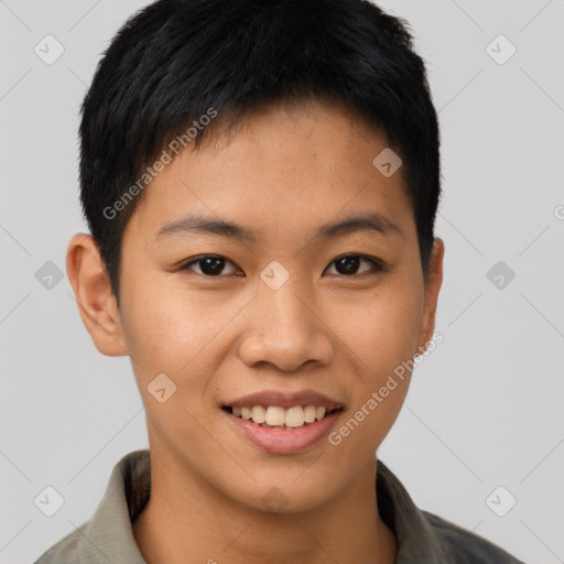 Joyful asian young-adult male with short  brown hair and brown eyes