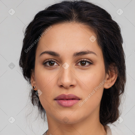 Neutral latino young-adult female with medium  brown hair and brown eyes