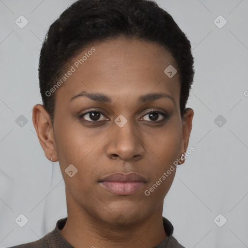Neutral black young-adult female with short  brown hair and brown eyes