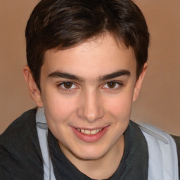 Joyful white young-adult male with medium  brown hair and brown eyes