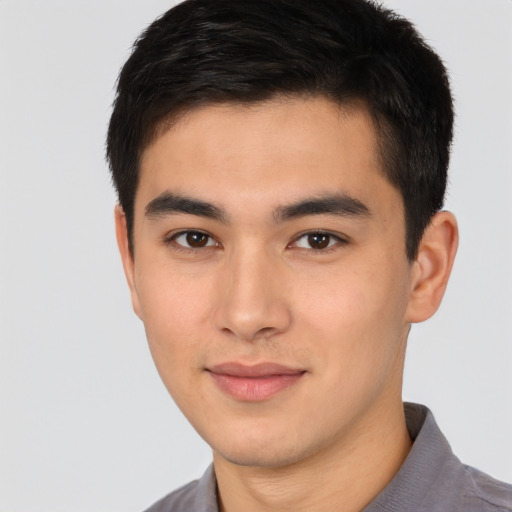 Neutral asian young-adult male with short  brown hair and brown eyes