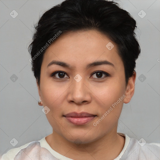 Joyful asian young-adult female with short  black hair and brown eyes