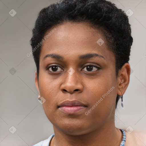 Neutral black young-adult female with short  brown hair and brown eyes