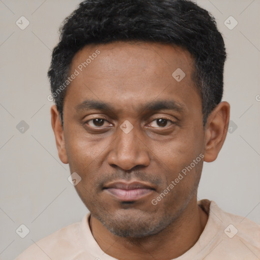 Neutral latino adult male with short  black hair and brown eyes