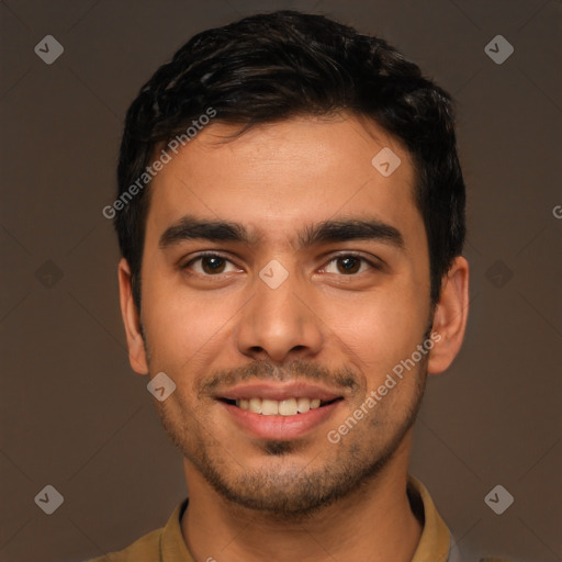Joyful latino young-adult male with short  brown hair and brown eyes