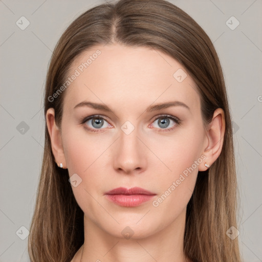 Neutral white young-adult female with long  brown hair and grey eyes