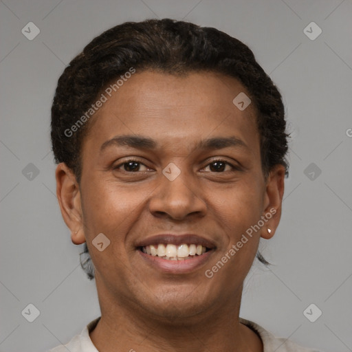 Joyful latino young-adult female with short  brown hair and brown eyes