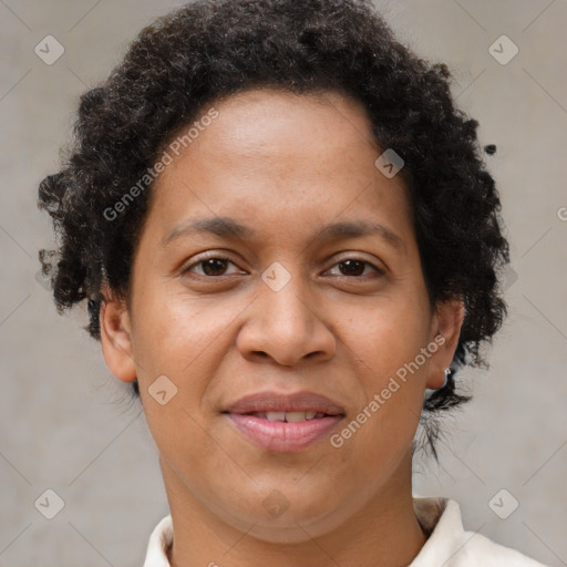 Joyful white adult female with short  brown hair and brown eyes